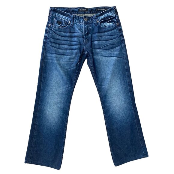 Guess Falcon Slim Boot Jeans Mens 31x30 Dark Wash Low Rise Stretch Blue - Picture 2 of 9